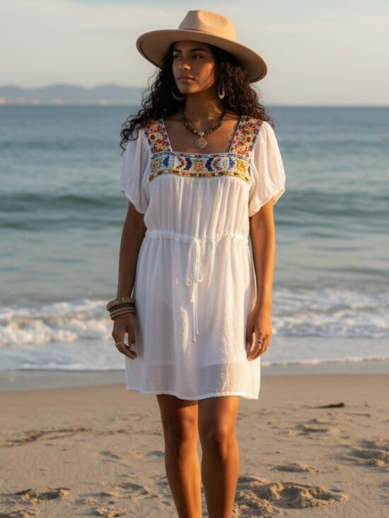 Johnny Was Dresses & Skirts - JOHNNY WAS ANTHRO White Embroidered Cotton Mini Dress M Boho Cover Up Mexico